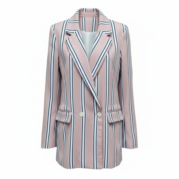 Free People Uptown Girl Double Breasted Blazer Size Small Pink Pin Stripe Cotton